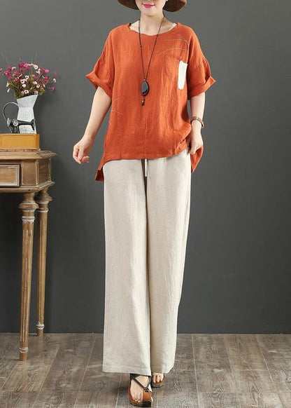 Orange Linen Shirts O Neck Pockets Clothing Summer Top