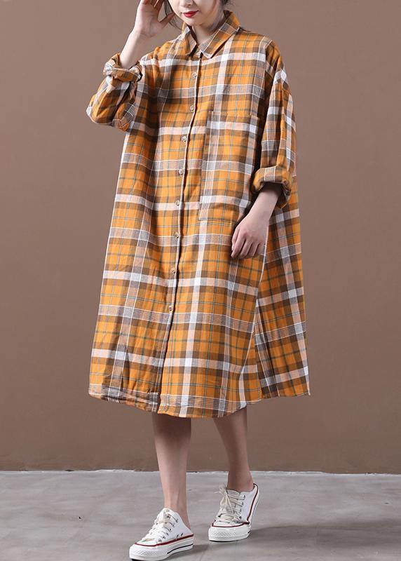 Orange Plaid Robes Lapel Cinched Loose Spring Dress