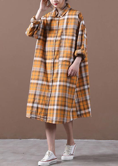 Orange Plaid Robes Lapel Cinched Loose Spring Dress