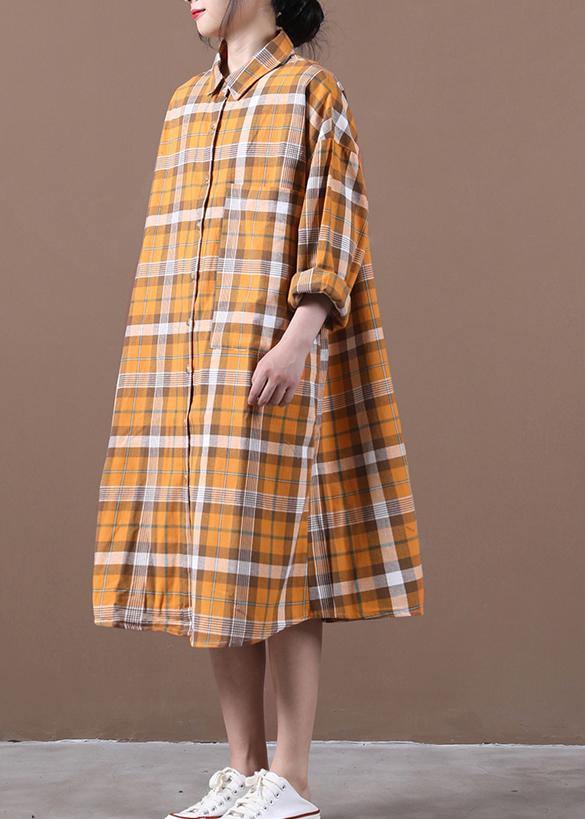 Orange Plaid Robes Lapel Cinched Loose Spring Dress