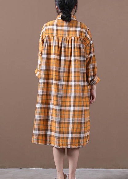 Orange Plaid Robes Lapel Cinched Loose Spring Dress