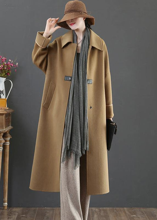 Oversize Coats Winter Woolen Outwear Brown Lapel Pockets Wool Coat for Woman