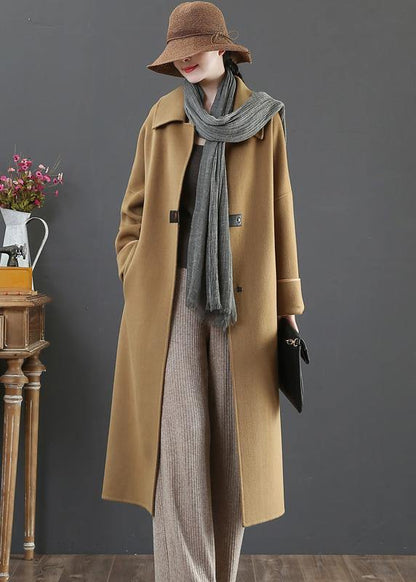 Oversize Coats Winter Woolen Outwear Brown Lapel Pockets Wool Coat for Woman