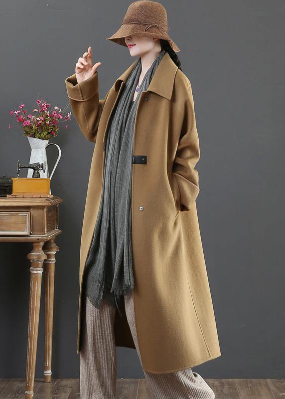 Oversize Coats Winter Woolen Outwear Brown Lapel Pockets Wool Coat for Woman