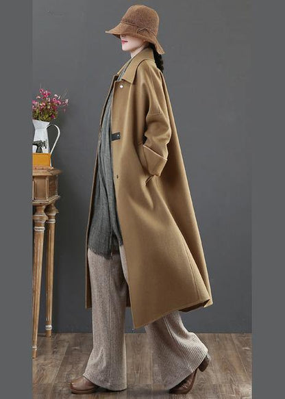 Oversize Coats Winter Woolen Outwear Brown Lapel Pockets Wool Coat for Woman