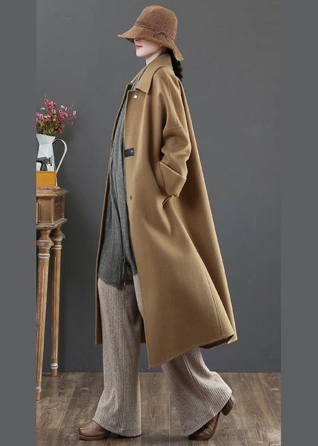 Oversize Coats Winter Woolen Outwear Brown Lapel Pockets Wool Coat for Woman