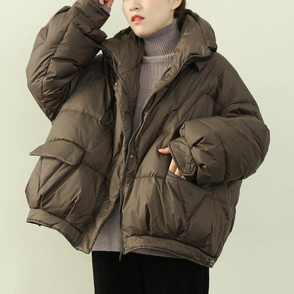 Oversize Snow Jackets Winter Outwear Chocolate Stand Collar Zippered Down Coat
