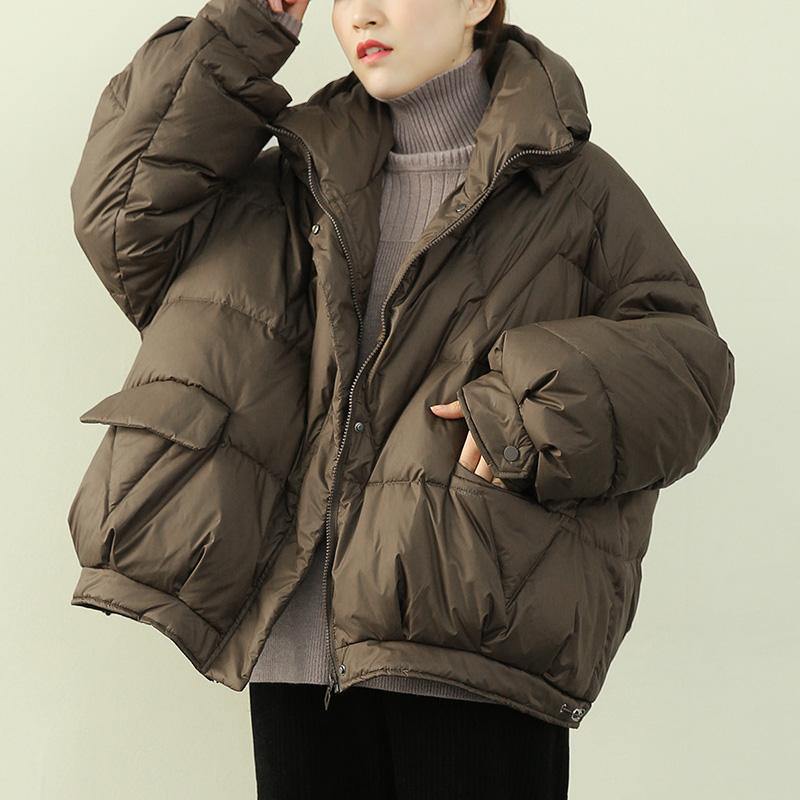 Oversize Snow Jackets Winter Outwear Chocolate Stand Collar Zippered Down Coat
