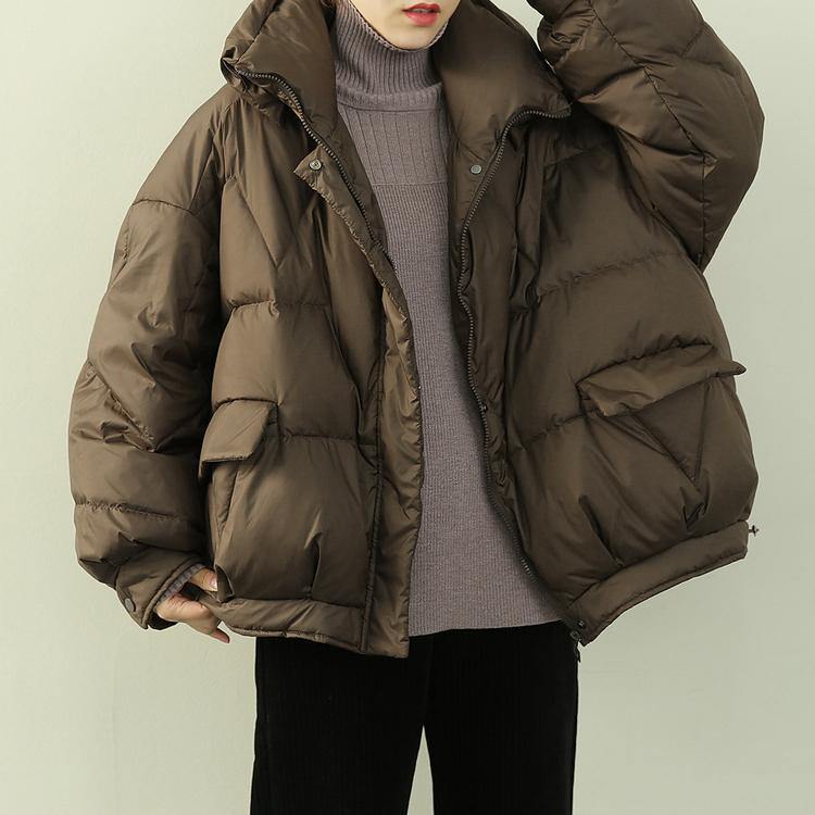 Oversize Snow Jackets Winter Outwear Chocolate Stand Collar Zippered Down Coat