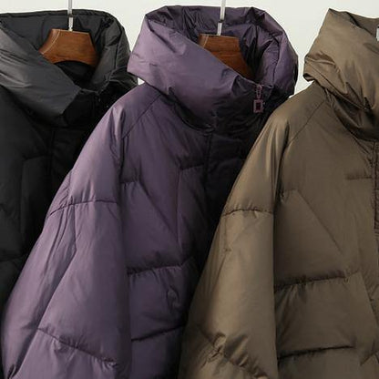 Oversize Snow Jackets Winter Outwear Chocolate Stand Collar Zippered Down Coat