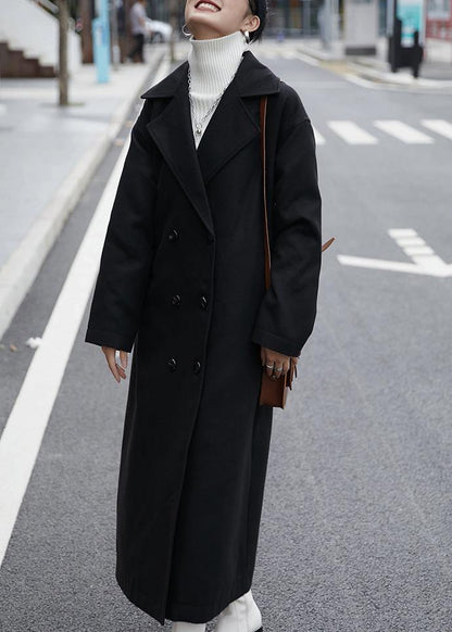 Oversized Coats Outwear Black Notched Double Breast Woolen Overcoat
