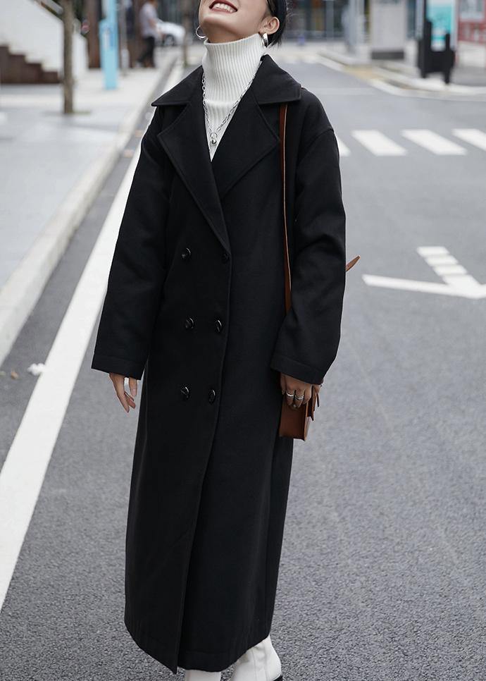 Oversized Coats Outwear Black Notched Double Breast Woolen Overcoat