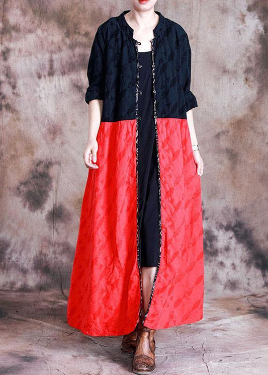 Oversized Long Coat Fall Black Patchwork Red Jacquard Pockets Overcoat
