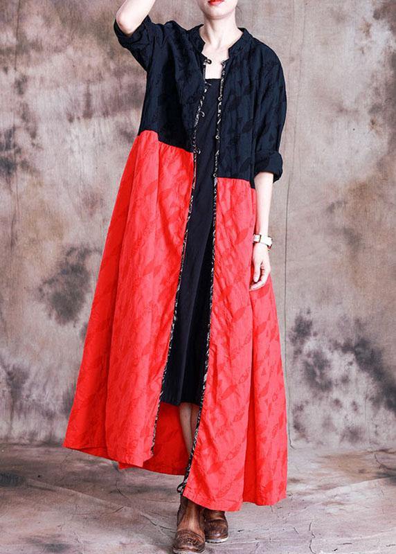 Oversized Long Coat Fall Black Patchwork Red Jacquard Pockets Overcoat