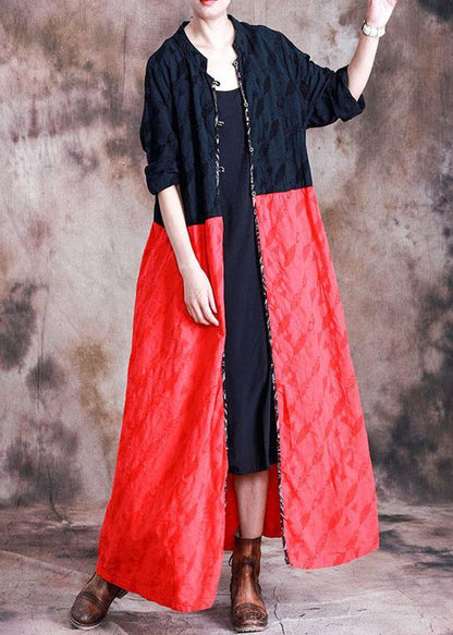 Oversized Long Coat Fall Black Patchwork Red Jacquard Pockets Overcoat