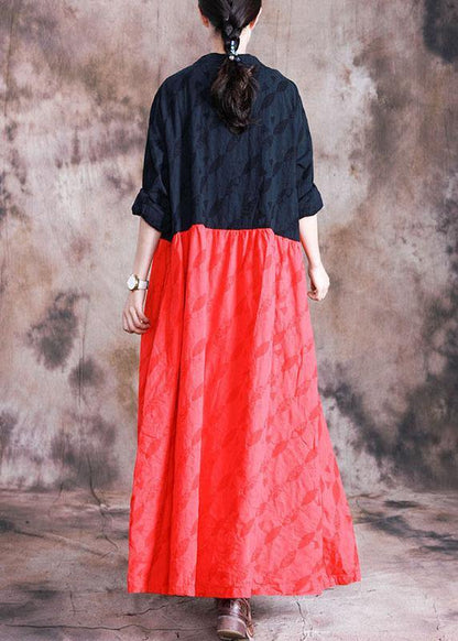 Oversized Long Coat Fall Black Patchwork Red Jacquard Pockets Overcoat