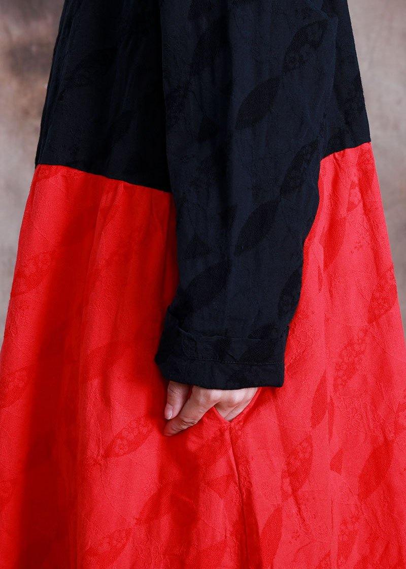 Oversized Long Coat Fall Black Patchwork Red Jacquard Pockets Overcoat