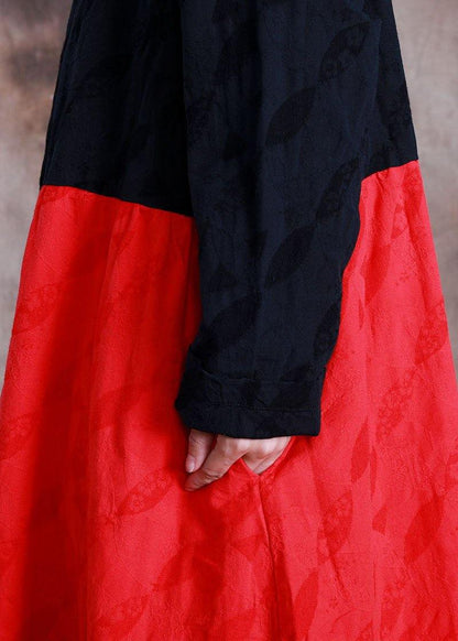 Oversized Long Coat Fall Black Patchwork Red Jacquard Pockets Overcoat