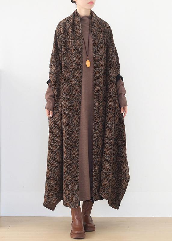 Oversized Mid-length Coats Winter Brown Batwing Sleeve V Neck Woolen Outwear