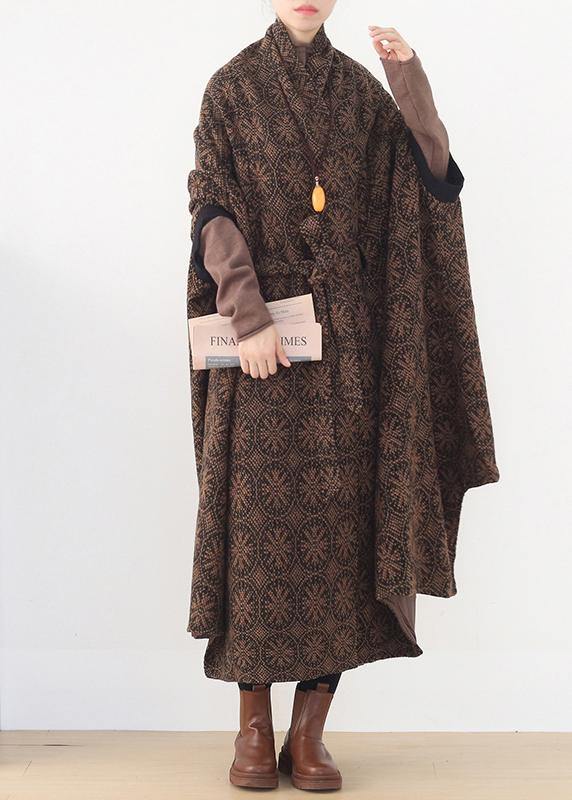 Oversized Mid-length Coats Winter Brown Batwing Sleeve V Neck Woolen Outwear