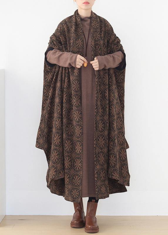 Oversized Mid-length Coats Winter Brown Batwing Sleeve V Neck Woolen Outwear