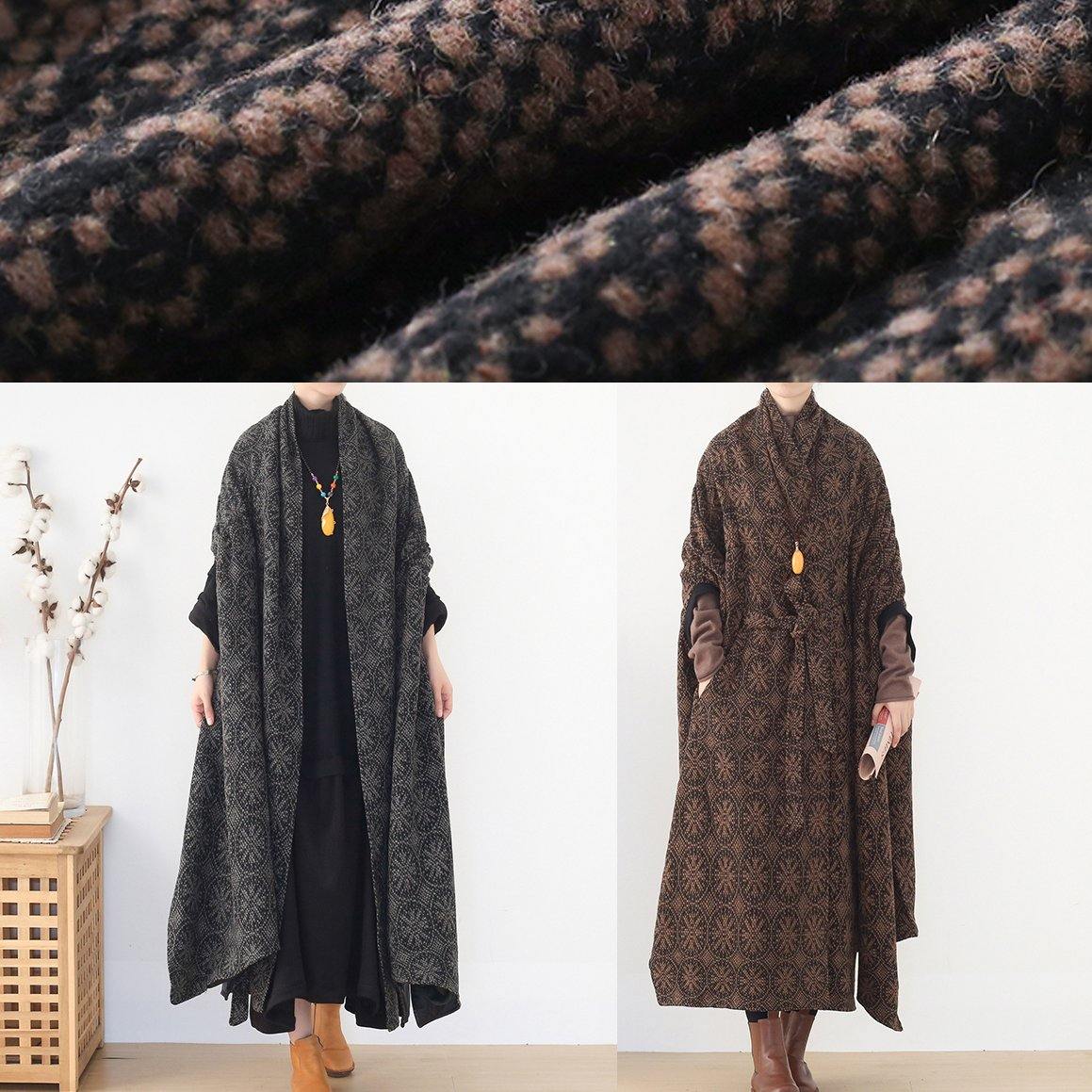 Oversized Mid-length Coats Winter Brown Batwing Sleeve V Neck Woolen Outwear