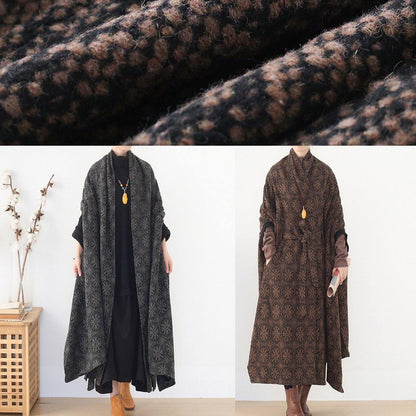 Oversized Mid-length Coats Winter Brown Batwing Sleeve V Neck Woolen Outwear