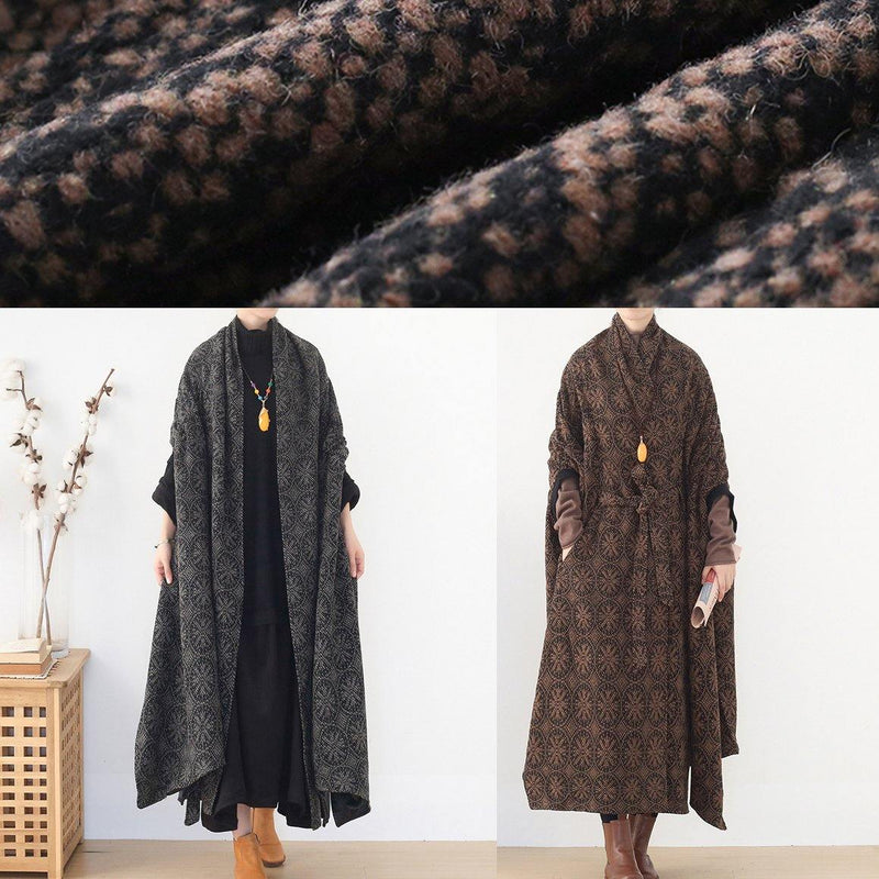 Oversized Mid-length Coats Winter Brown Batwing Sleeve V Neck Woolen Outwear