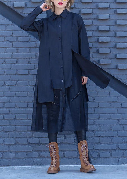 Patchwork Tulle Cotton Tunic Pattern Sewing Black Loose Dress Lapel