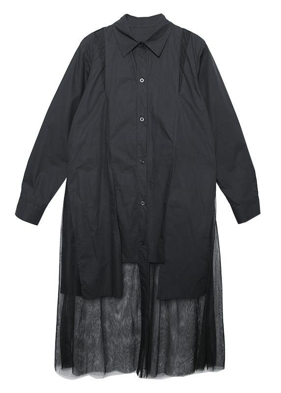 Patchwork Tulle Cotton Tunic Pattern Sewing Black Loose Dress Lapel