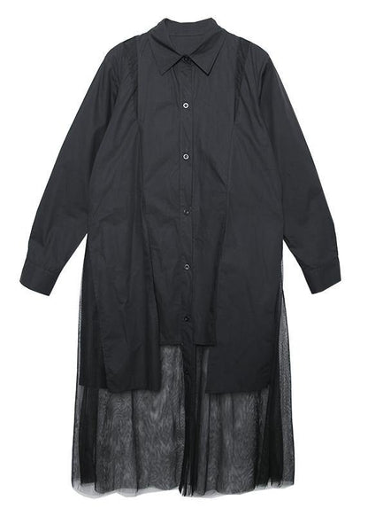 Patchwork Tulle Cotton Tunic Pattern Sewing Black Loose Dress Lapel