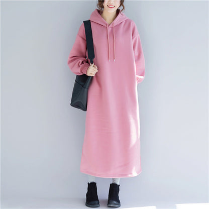 Pink Spring Dresses Hooded Traveling Clothing Side Open Drawstring Long Dress