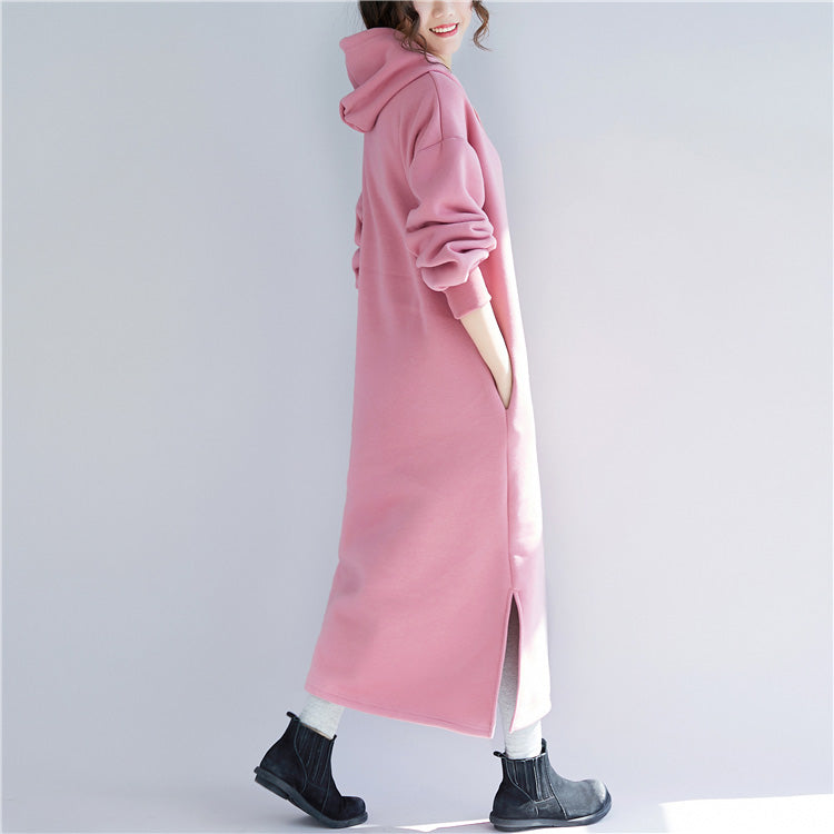 Pink Spring Dresses Hooded Traveling Clothing Side Open Drawstring Long Dress