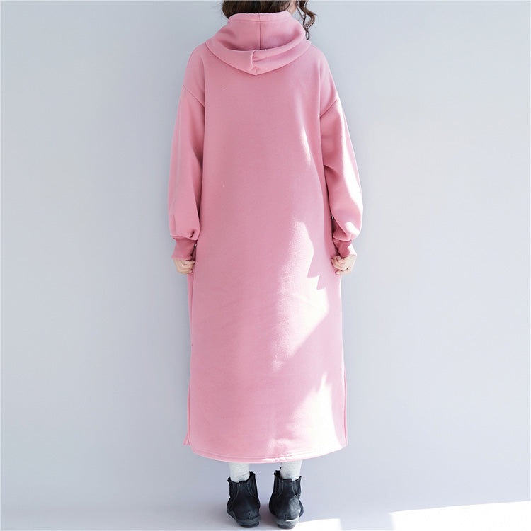 Pink Spring Dresses Hooded Traveling Clothing Side Open Drawstring Long Dress