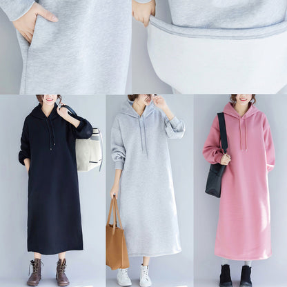 Pink Spring Dresses Hooded Traveling Clothing Side Open Drawstring Long Dress