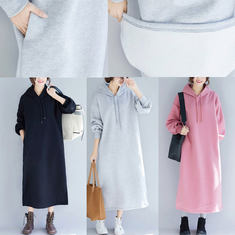 Pink Spring Dresses Hooded Traveling Clothing Side Open Drawstring Long Dress