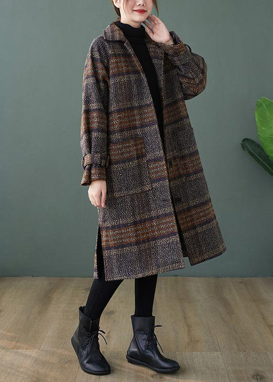 Plaid Fine Maxi Coat Shape Lapel Side Open Coats