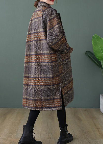 Plaid Fine Maxi Coat Shape Lapel Side Open Coats