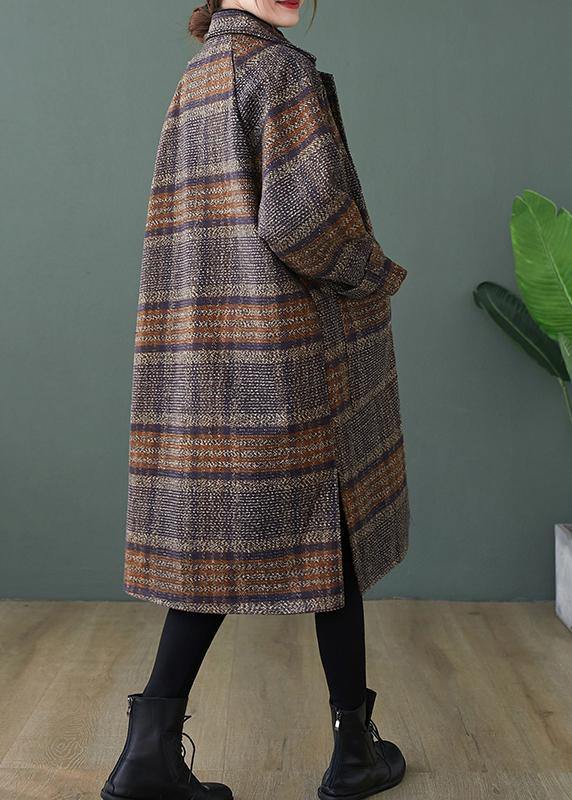 Plaid Fine Maxi Coat Shape Lapel Side Open Coats