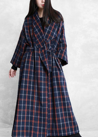 Coats Blue Plaid Notched Tie Waist Wool Coat for Woman