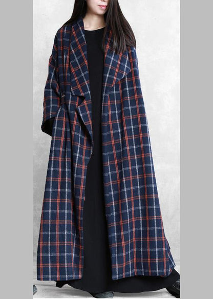 Coats Blue Plaid Notched Tie Waist Wool Coat for Woman