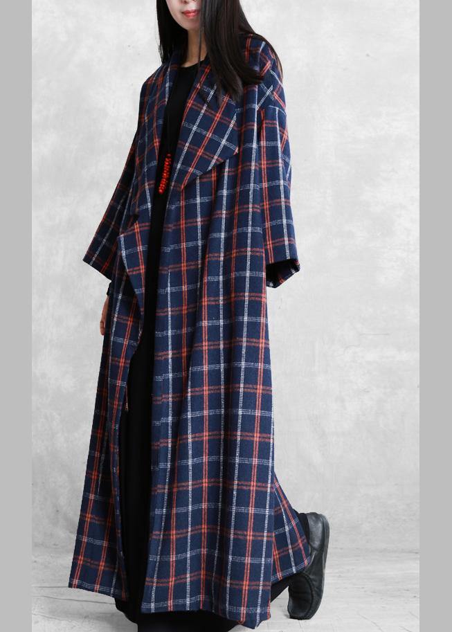 Coats Blue Plaid Notched Tie Waist Wool Coat for Woman