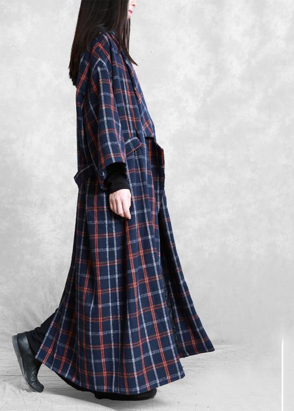 Coats Blue Plaid Notched Tie Waist Wool Coat for Woman