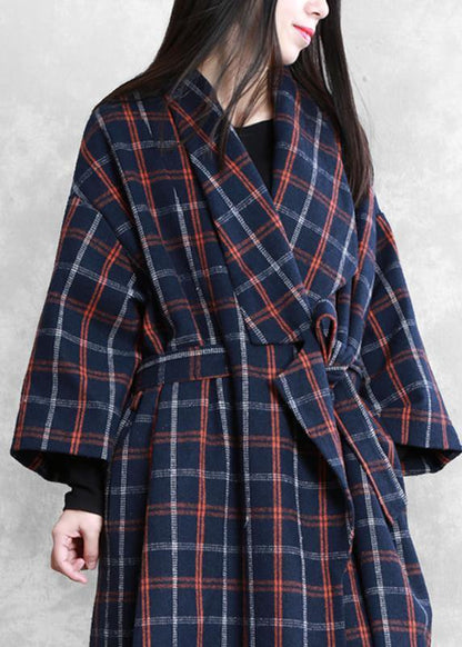 Coats Blue Plaid Notched Tie Waist Wool Coat for Woman