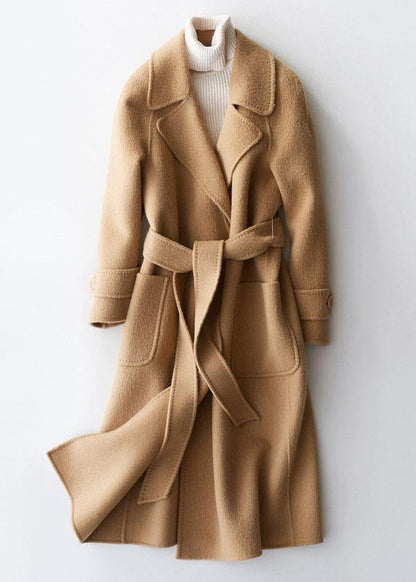 Clothing Long Jackets Lapel Collar Coats Khaki Tie Waist Wool Overcoat