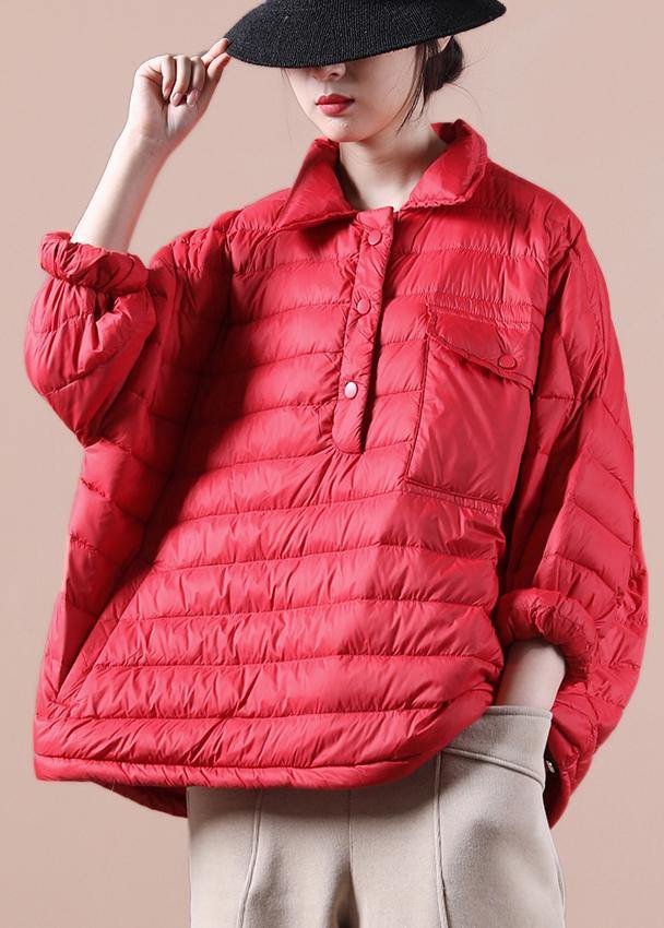 Down Jacket Overcoat Red Lapel Pockets Goose Down Coat