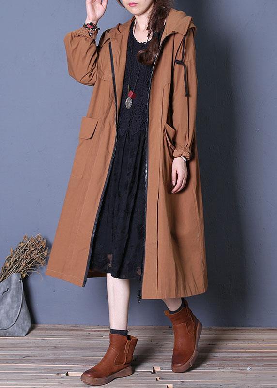 Long Fall Brown Hooded Drawstring Coats