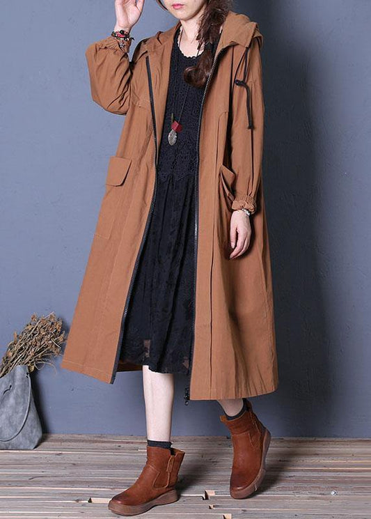 Long Fall Brown Hooded Drawstring Coats