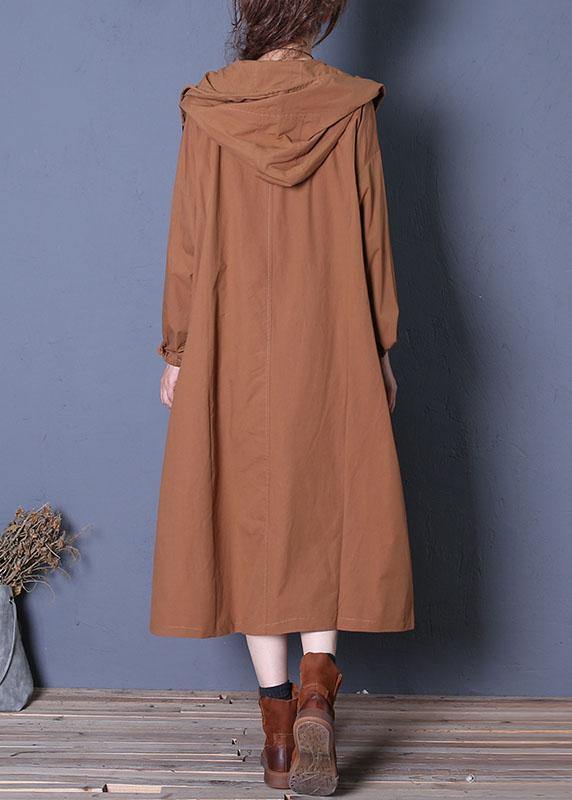 Long Fall Brown Hooded Drawstring Coats