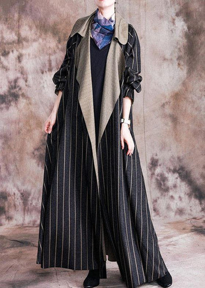 Long Fall Coat Black Striped Notched Large Hem Wool Overcoat